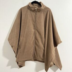 L.L. Bean Herringbone Cape Poncho Jacket Size L Tan Cottage Cabin Boho Full Zip